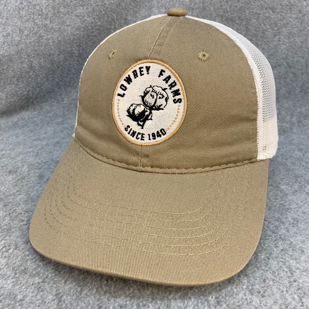 Lowrey Farms Since 1940 Mens Tan Outdoor Cap Trucker Hat Mesh OSFM